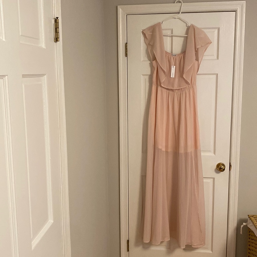 Baltic Born Blush Pink Maxi Dress with Ruffle Shoulders